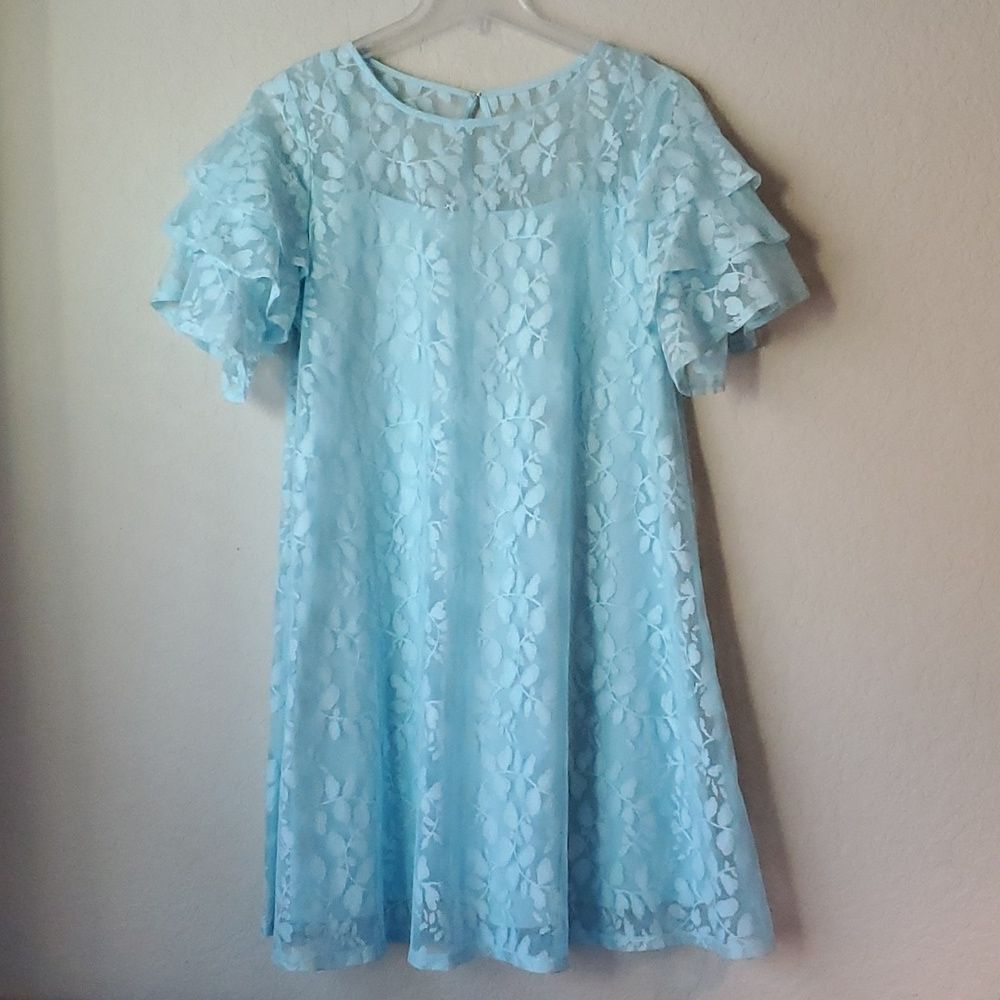 Lane Bryant Sky Blue Lace Dress Size 14 Tiered Flutter Sleeve Pastel Shift Mini